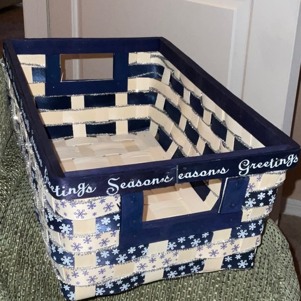 Holiday SEASONS GREETINGS Blue, Ivory, Silver Rectangular Wicker Basket handles - Picture 8 of 11